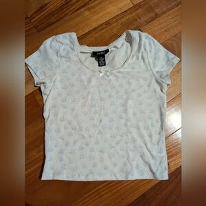 Just Polly Teddy Bear Print Baby Tee Cream Blue Y2K Size M